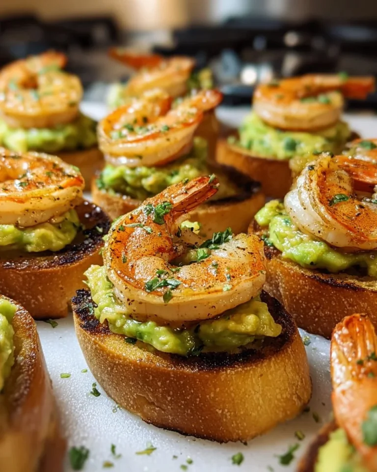 Delicious Garlic Shrimp Crostini topped with Avocado for a fresh appetizer