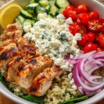 Delicious Greek chicken bowls with veggies and feta cheese