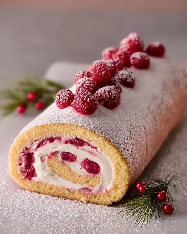 Delicious raspberry cake roll dessert with whipped cream and fresh raspberries