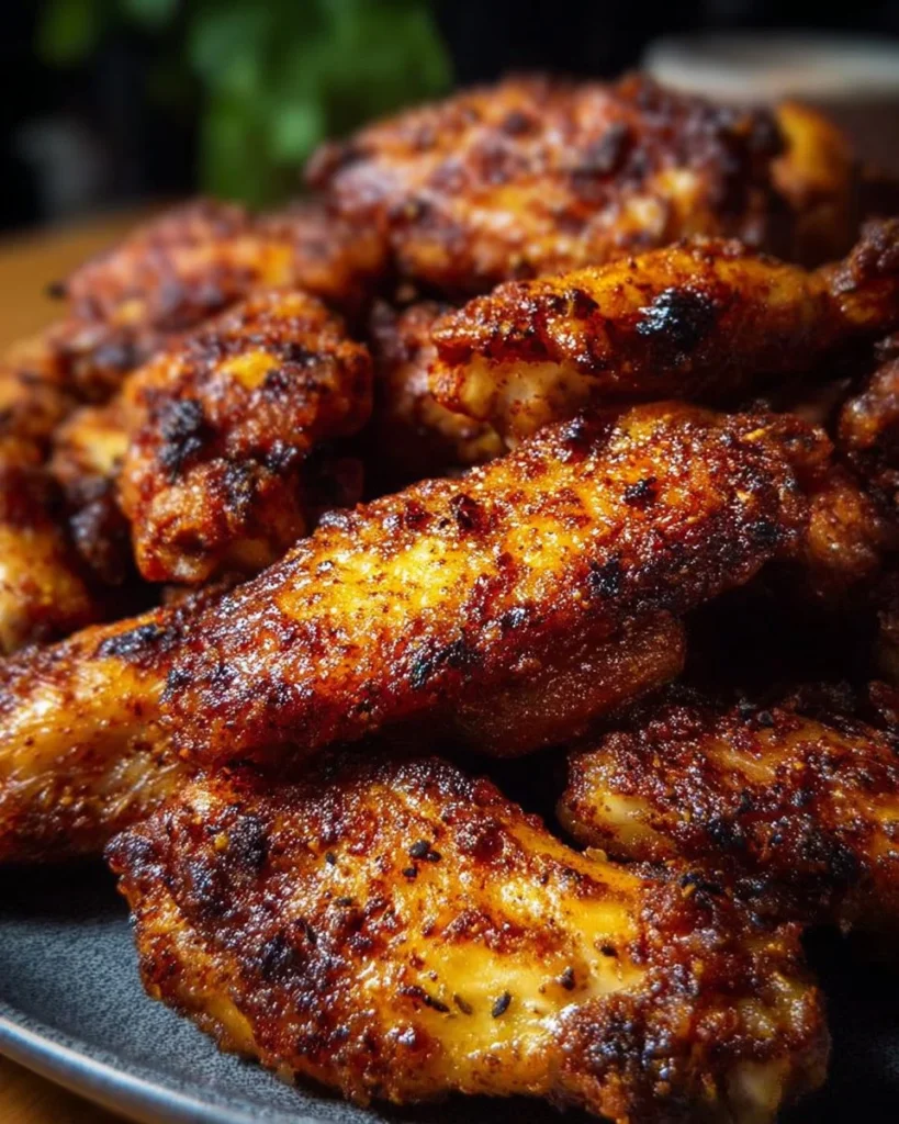 Crispy baked chicken wings served on a platter with dipping sauce.