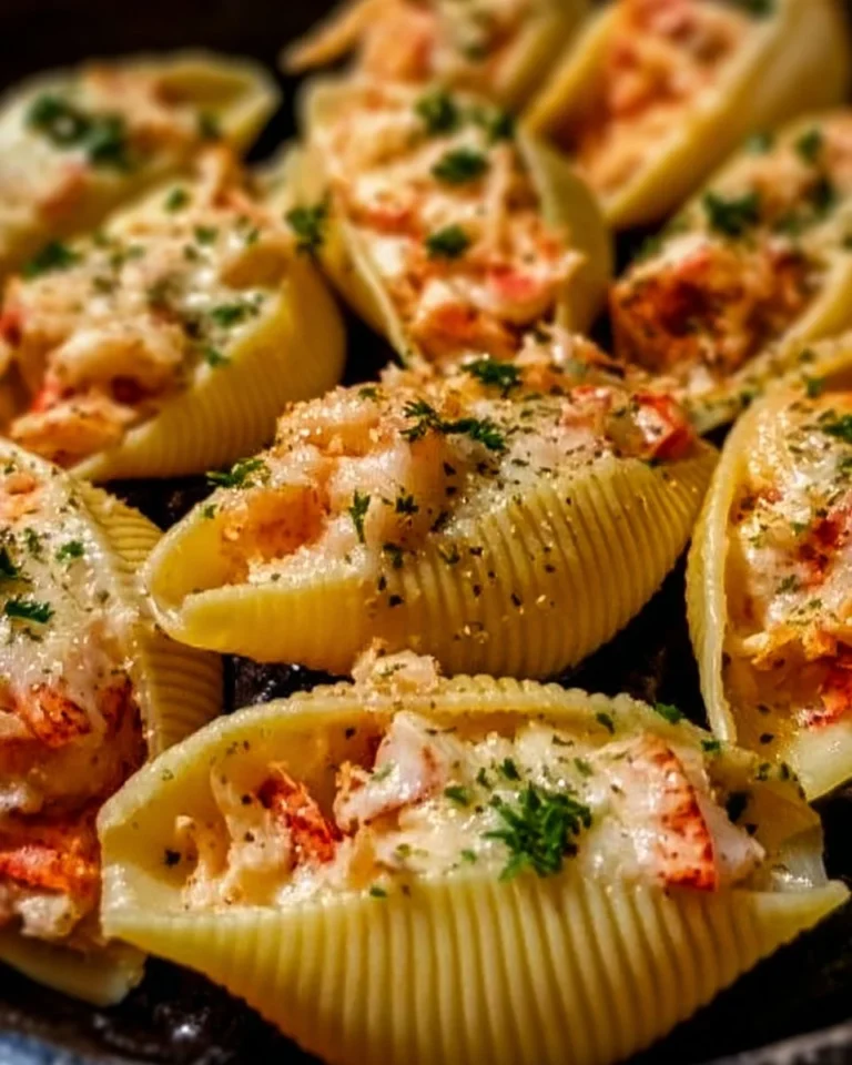Baked seafood stuffed shells filled with shrimp and crab in creamy sauce