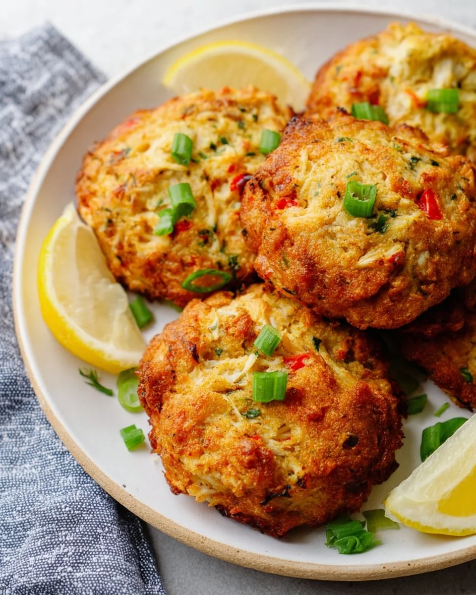 Delicious air fryer crab cakes served on a plate with dipping sauce