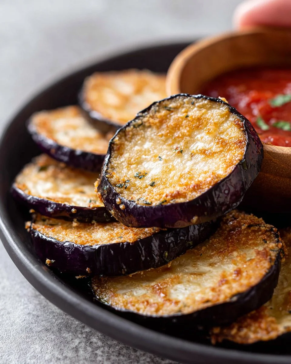 Crispy air fryer eggplant slices served on a plate