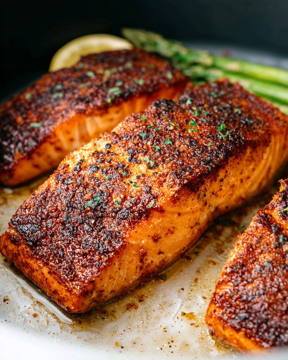 Perfectly cooked air fryer salmon fillet garnished with herbs