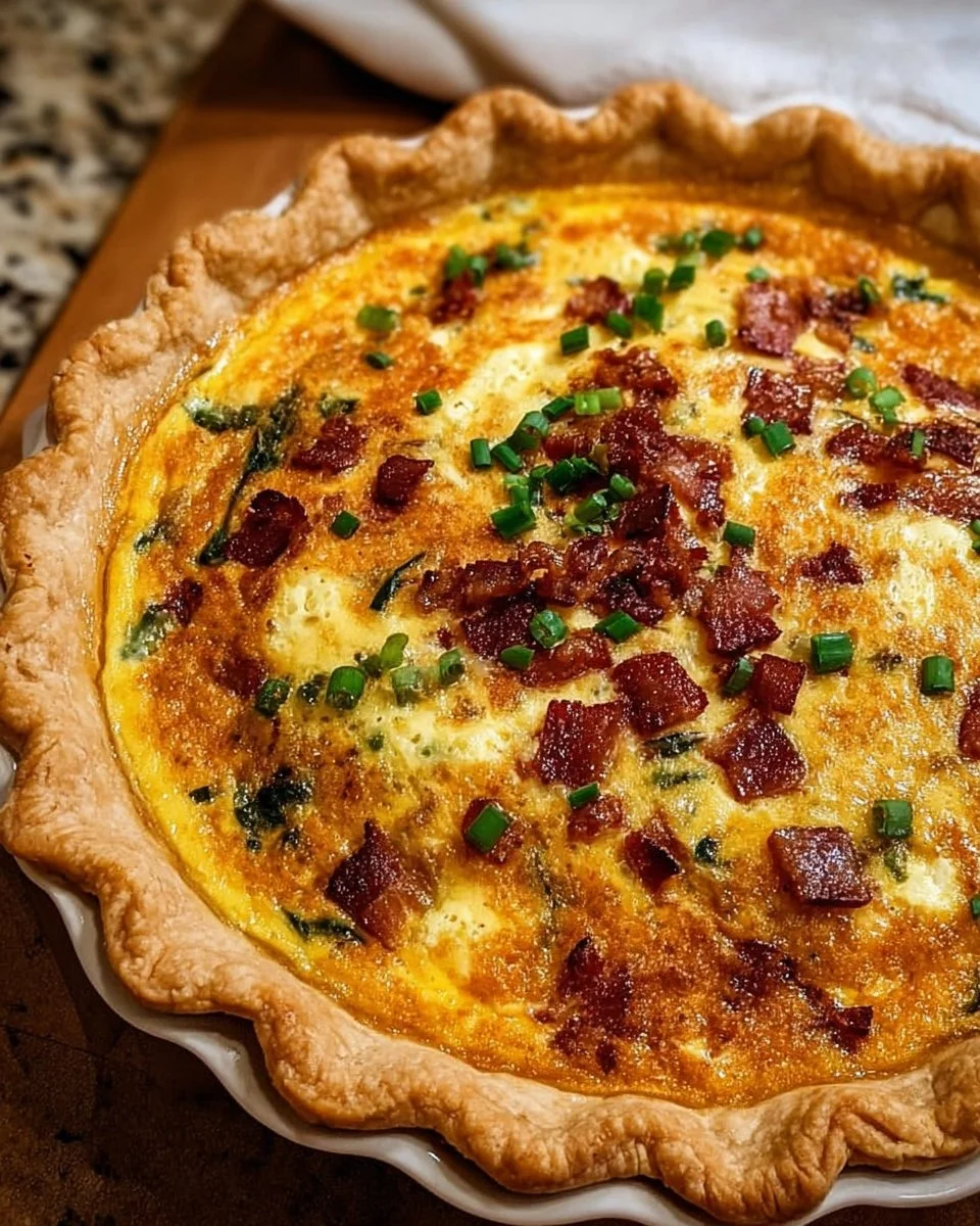 Homemade Bacon and Cheddar Quiche served on a wooden table