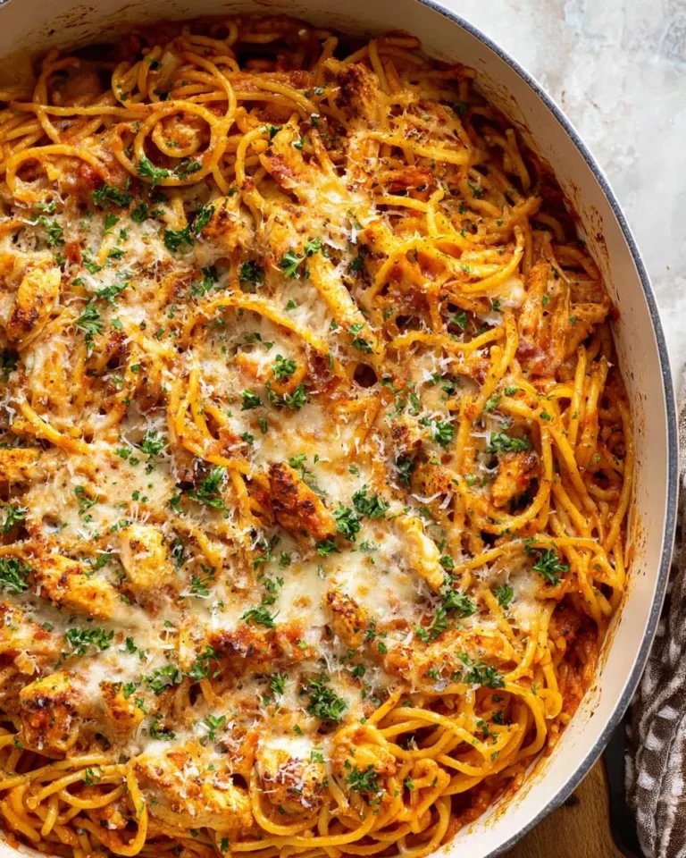 Delicious Baked Chicken Spaghetti topped with cheese in a casserole dish