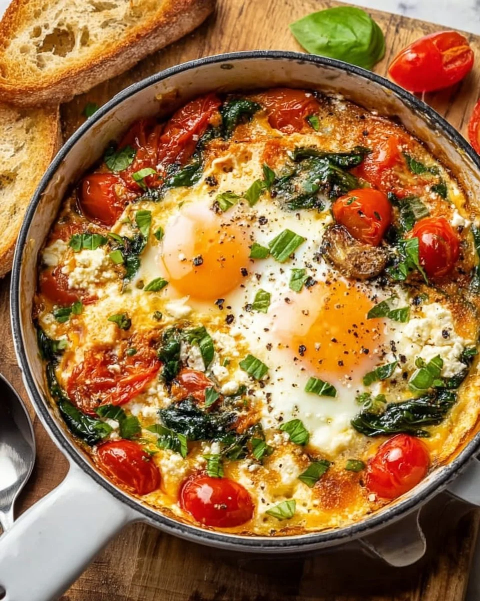 Baked feta eggs with tomatoes and spinach served in a skillet