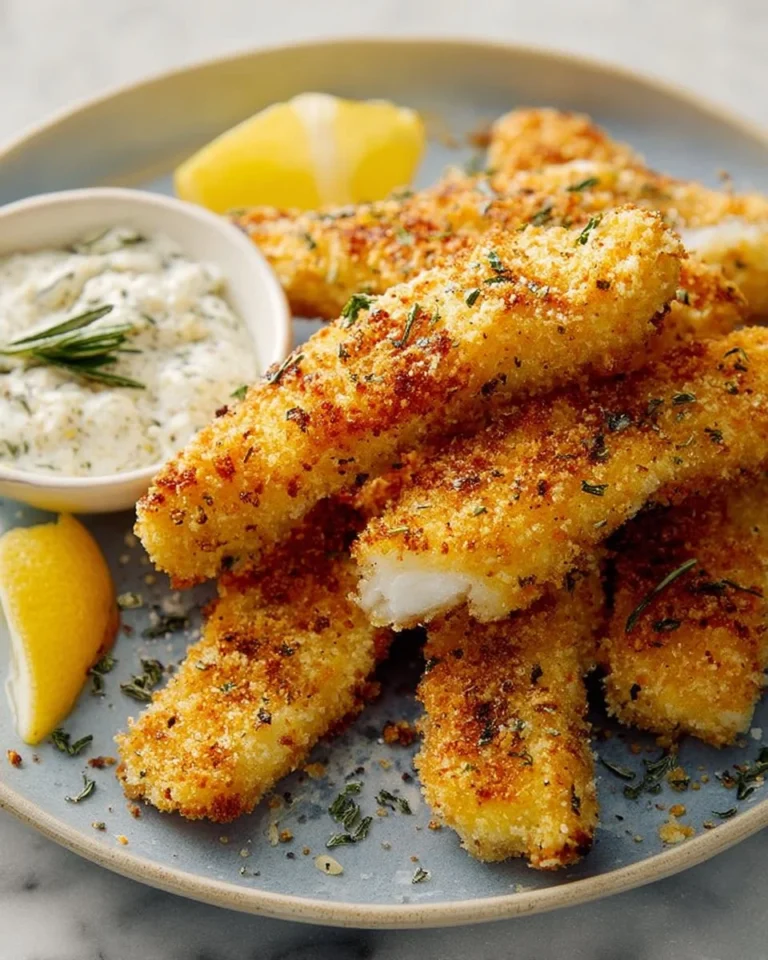 Crispy baked fish sticks served with dipping sauce on a plate