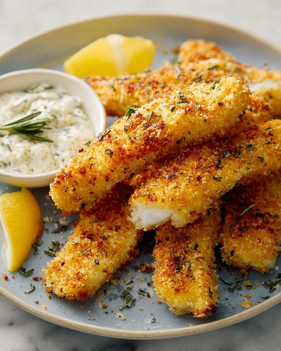 Crispy baked fish sticks served with dipping sauce on a plate