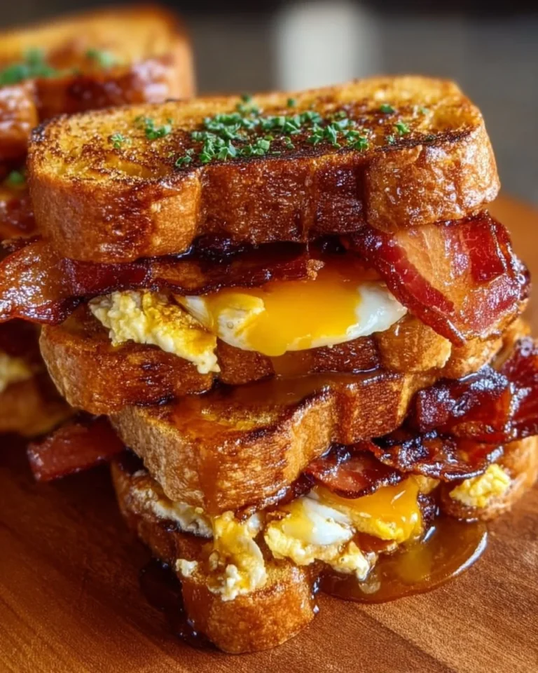 Delicious Bourbon Maple Bacon Toast topped with crispy bacon and maple syrup.