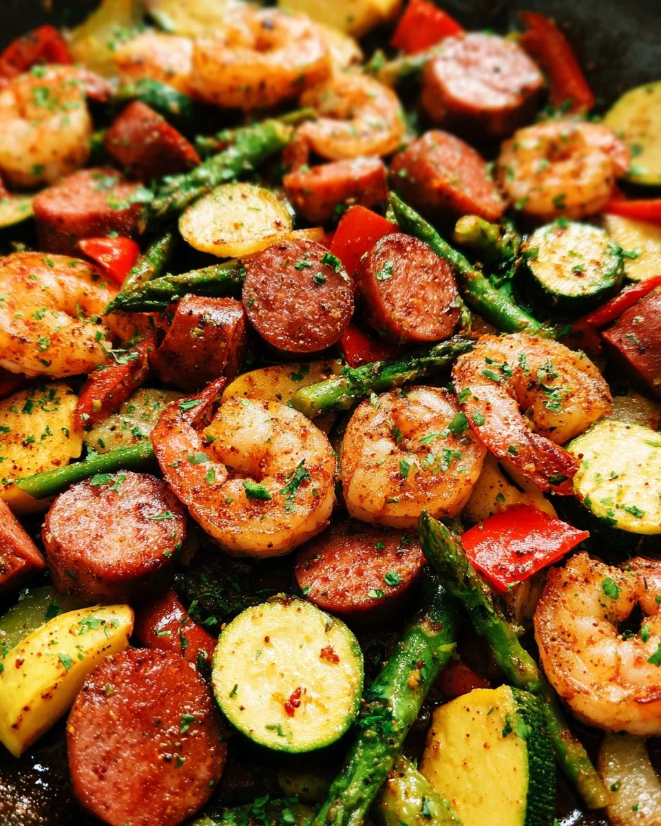 Cajun shrimp and sausage vegetable skillet in a colorful dish