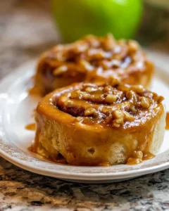 Freshly baked caramel apple cinnamon rolls drizzled with caramel sauce