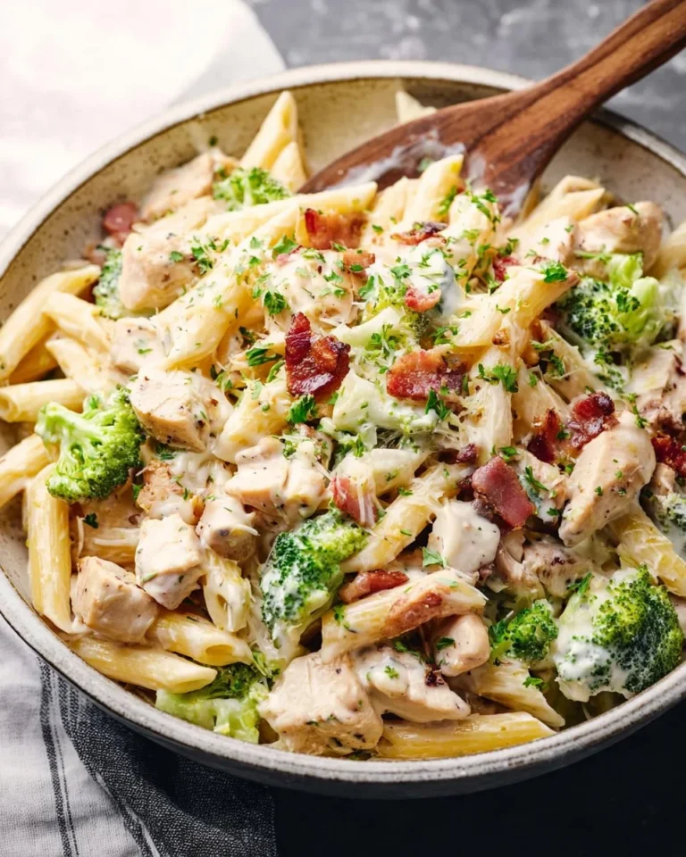 Cheesy chicken bacon broccoli pasta served in a bowl