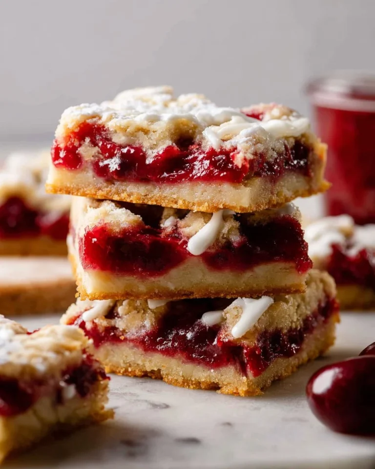 Freshly baked Cherry Pie Bars served on a white plate with cherries on top.