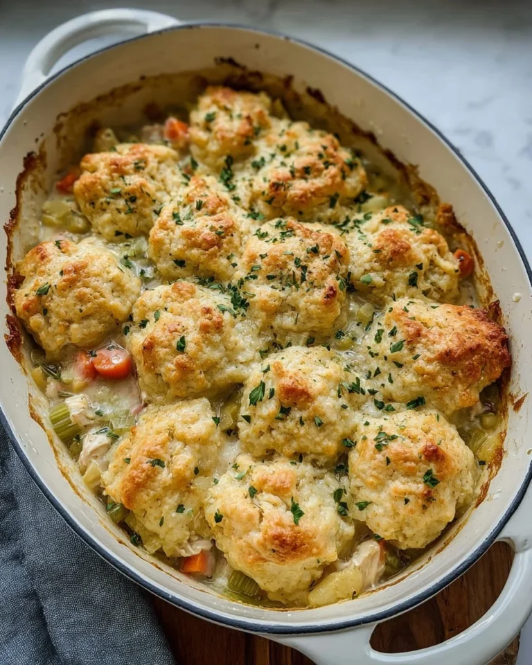 Delicious Chicken and Dumpling Casserole topped with golden dumplings