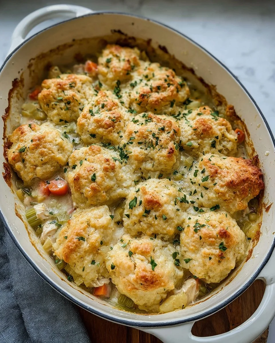 Delicious Chicken and Dumpling Casserole topped with golden dumplings