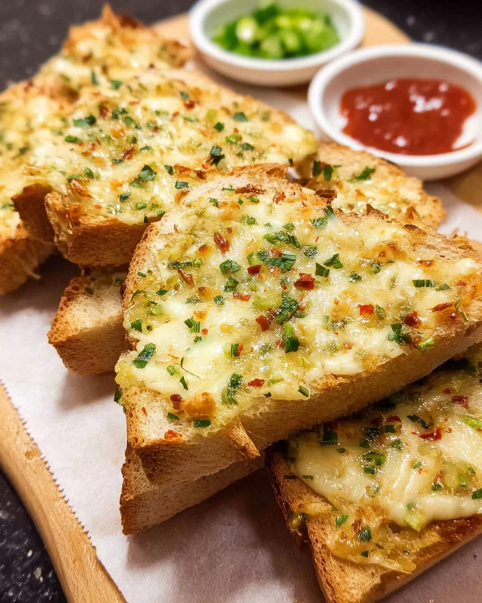 Delicious Chilli Cheese Garlic Bread with melted cheese and garlic toppings