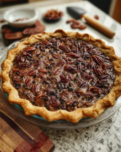 Delicious chocolate pecan pie topped with chocolate drizzle and pecans