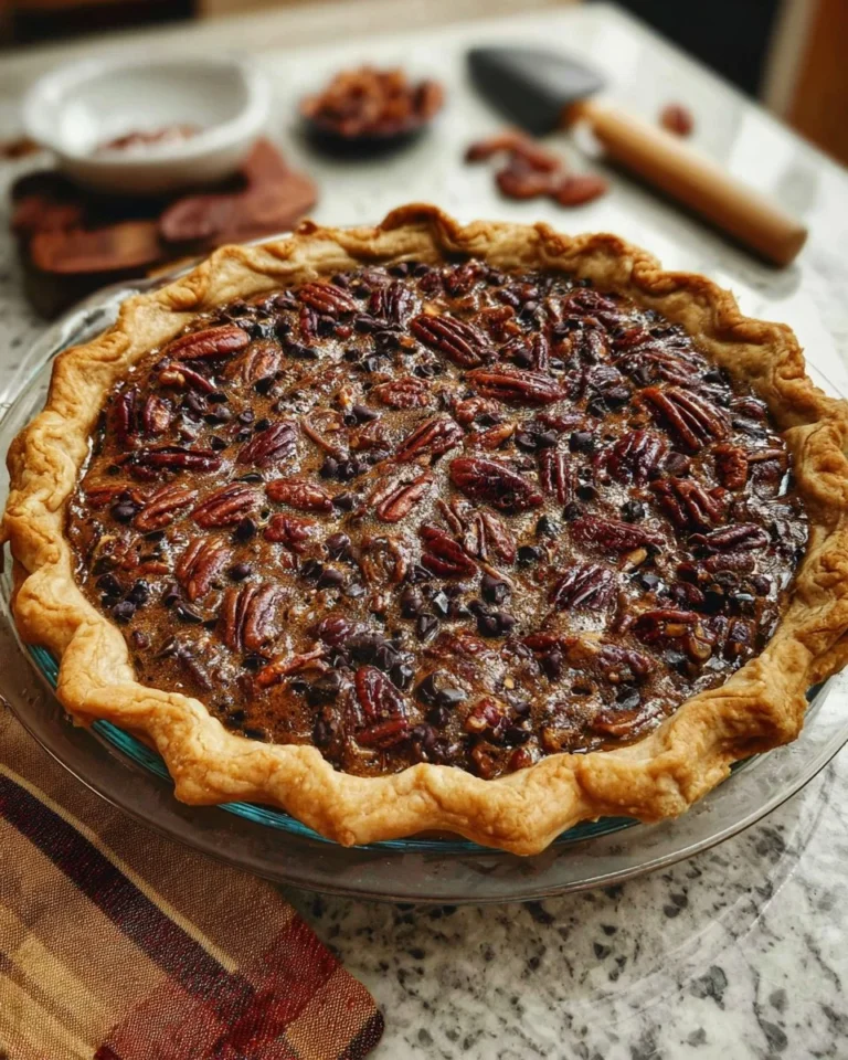 Delicious chocolate pecan pie topped with chocolate drizzle and pecans