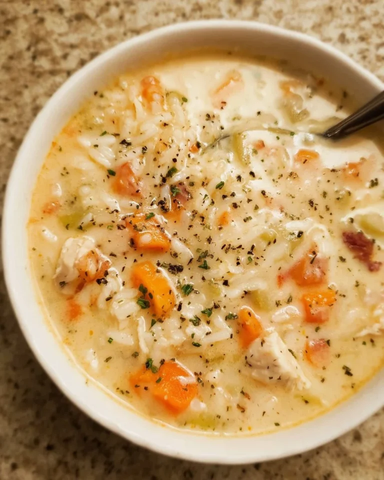 Bowl of Crack Chicken and Rice Soup, creamy and delicious with chicken pieces and rice