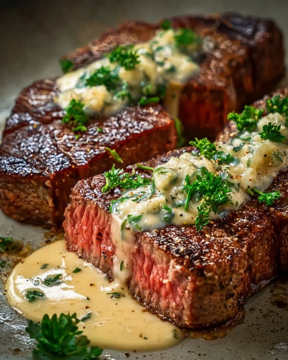 Creamy Garlic Steak served with herbs and a side of vegetables