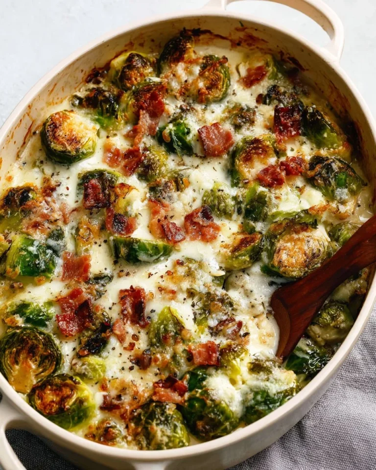 Creamy Parmesan Brussel Sprouts Gratin topped with crispy bacon