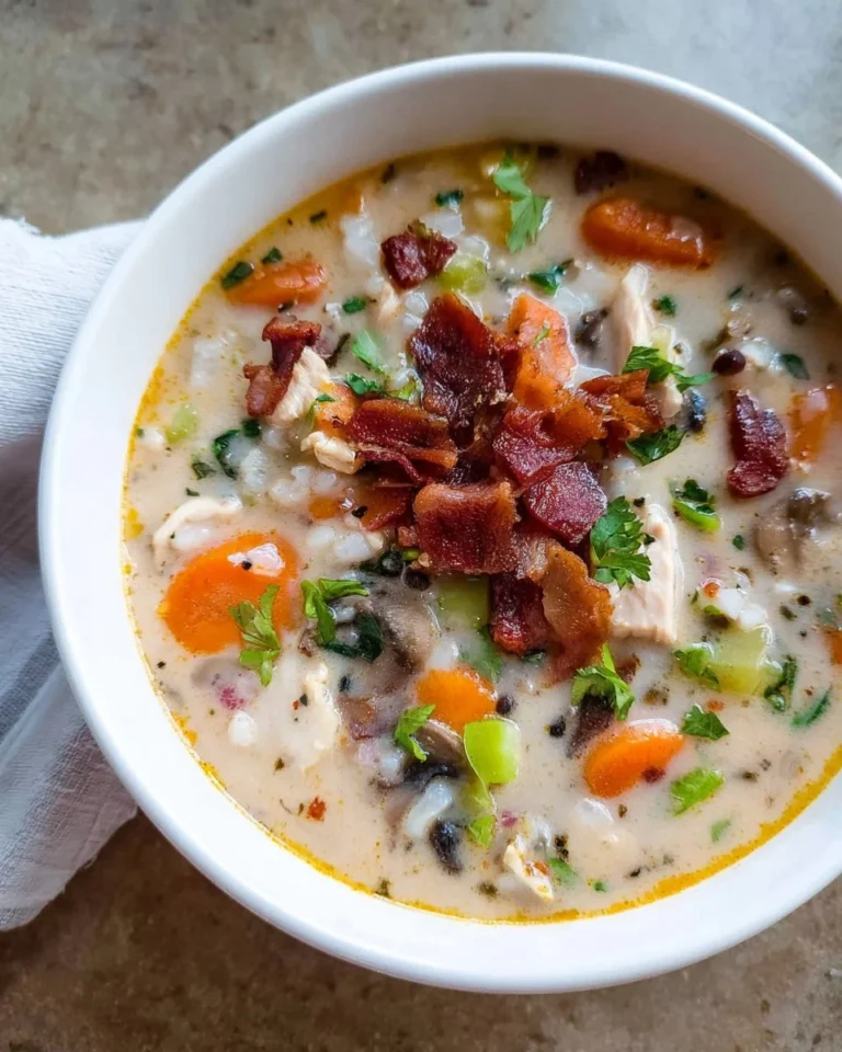 Creamy slow cooker chicken barley soup in a bowl garnished with fresh herbs