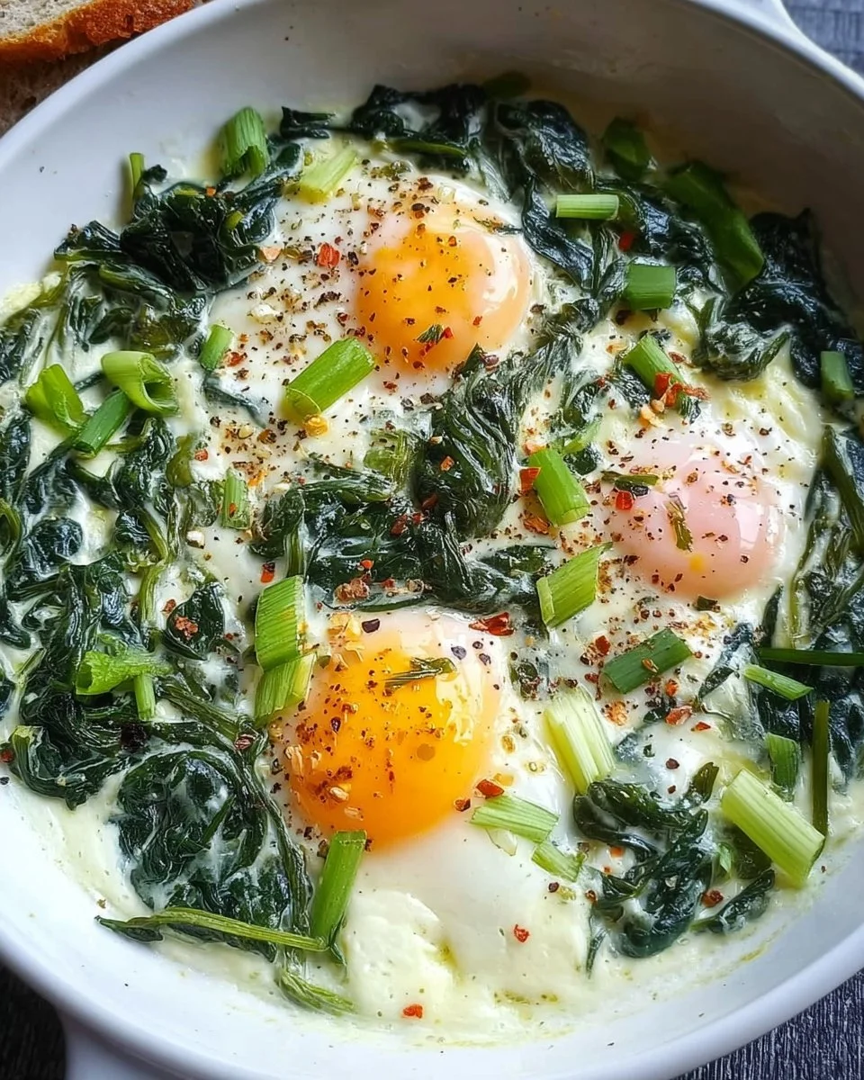 A creamy spinach and eggs dish served in a bowl, garnished with fresh herbs.