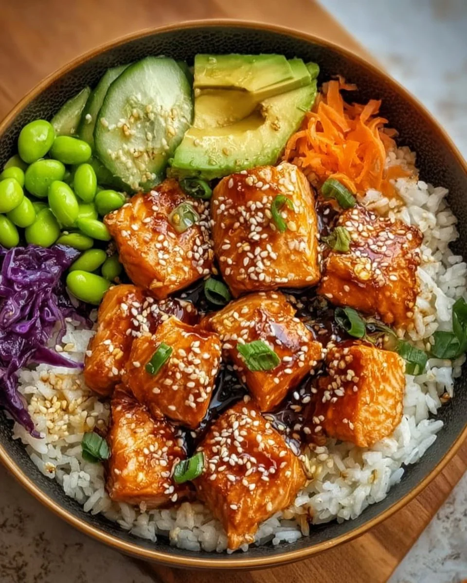 Crispy salmon and rice bowl with vibrant vegetables and toppings