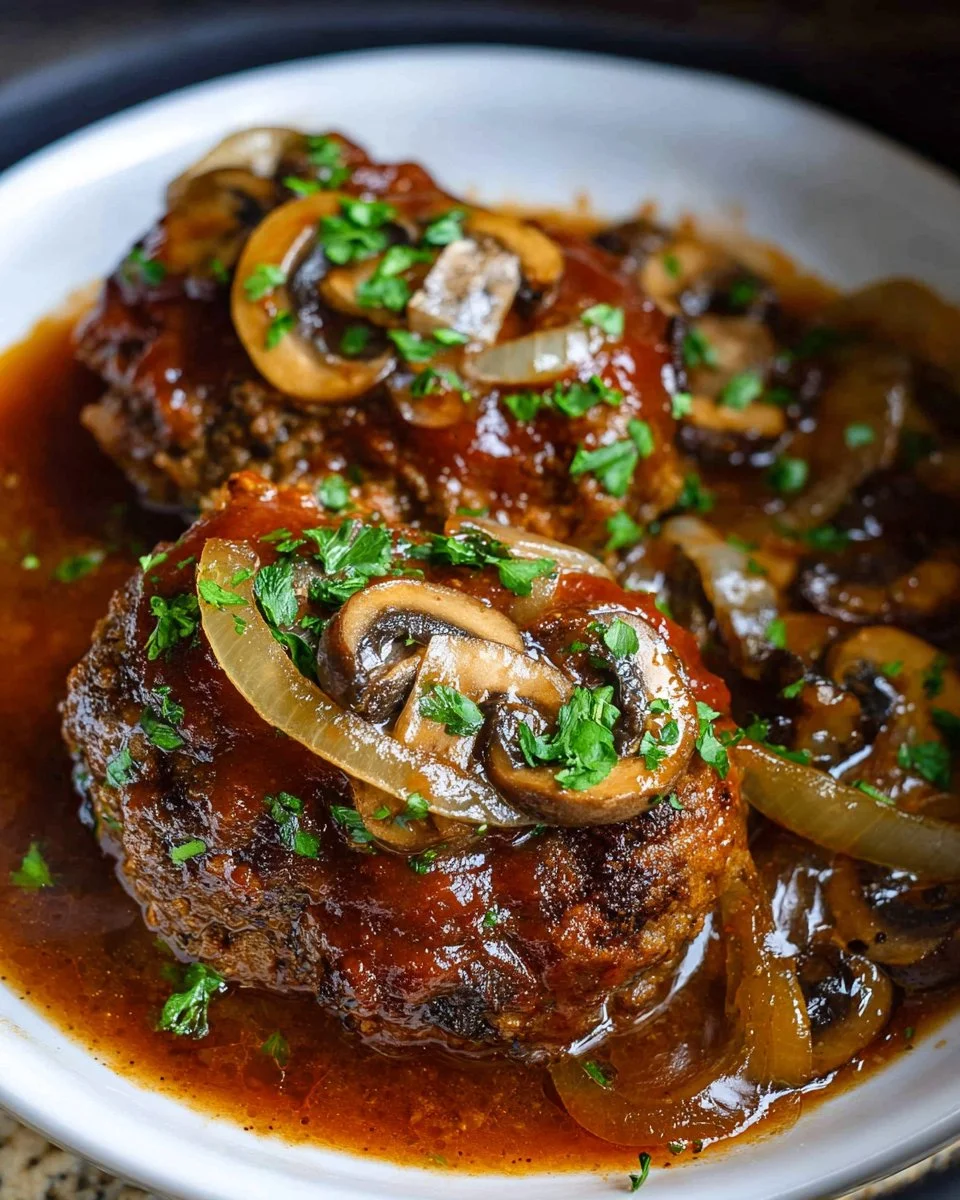 Crock Pot Salisbury steak served on a plate with gravy and sides