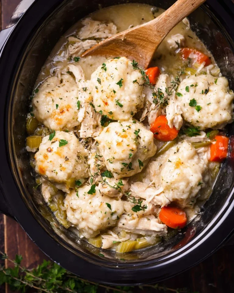 Crockpot chicken and dumplings in a bowl with herbs and seasoning.