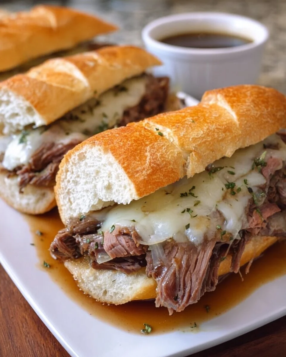 Crockpot French dip sandwiches ready to serve with au jus.