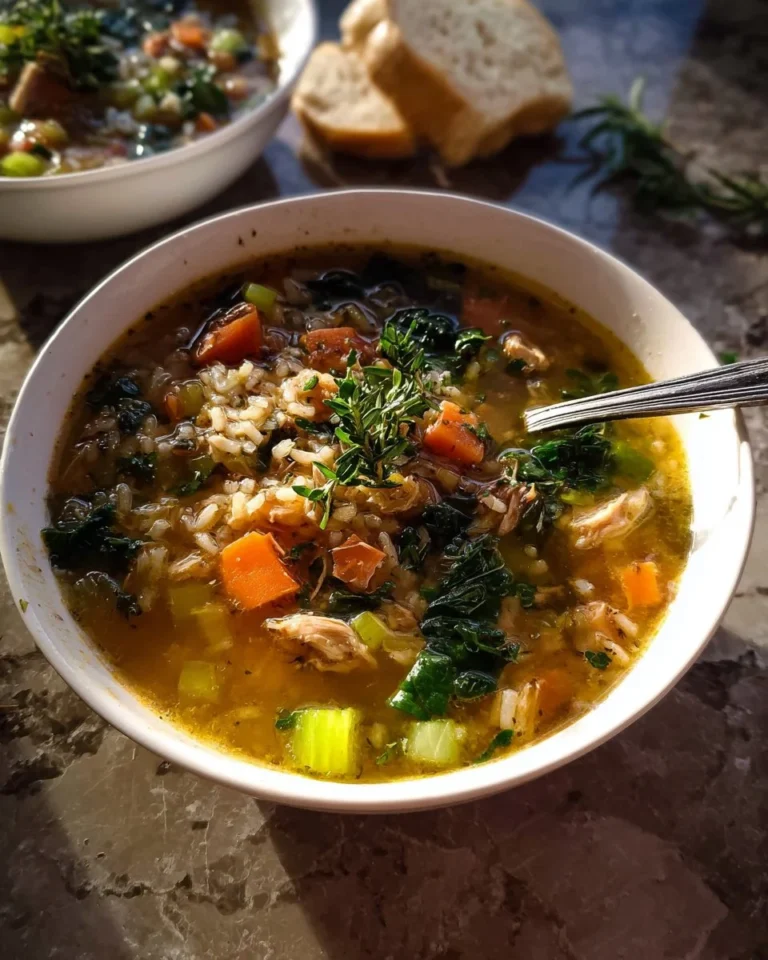 Crockpot Hearty Chicken and Rice Soup in a bowl garnished with herbs