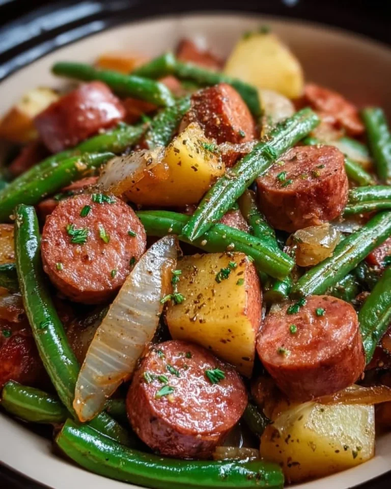 Delicious Crockpot Kielbasa and Green Beans served in a bowl