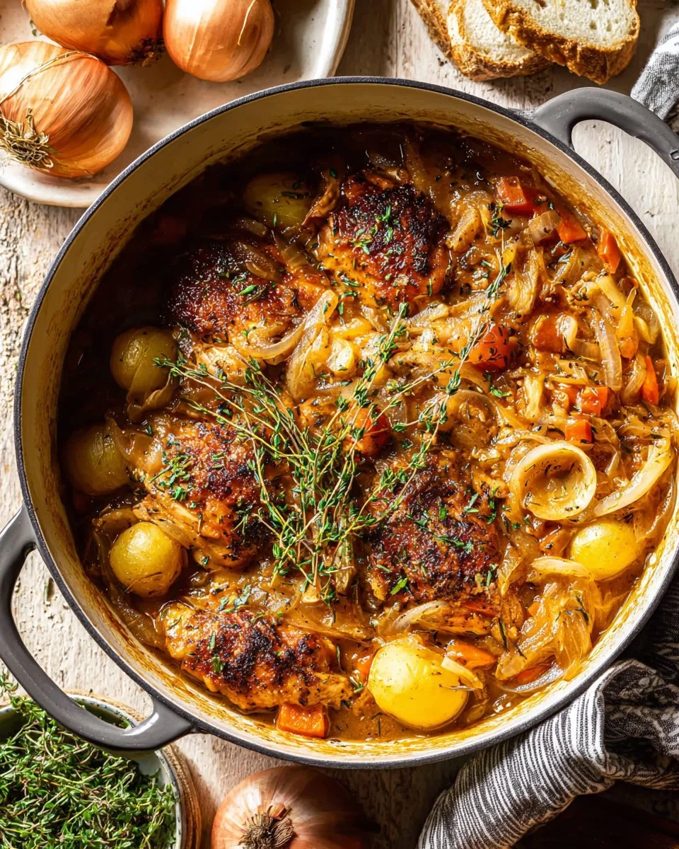 Crockpot pumpkin beer braised chicken served in a rustic bowl