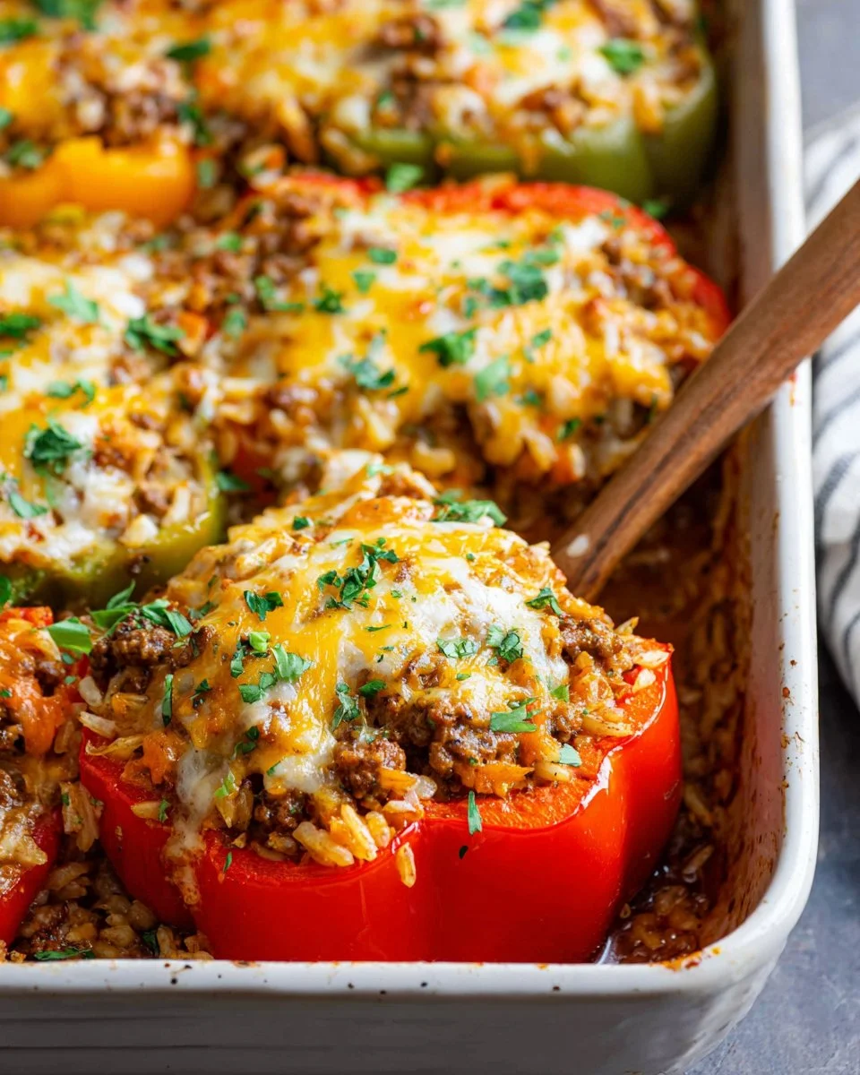 Delicious easy stuffed pepper casserole topped with melted cheese