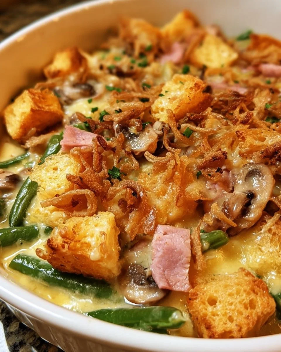 Delicious homemade green bean casserole topped with crispy onions and served in a baking dish.