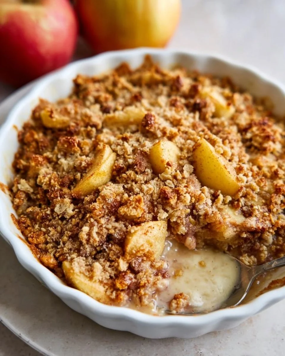 Healthy breakfast apple crumble served in a bowl with fresh apples