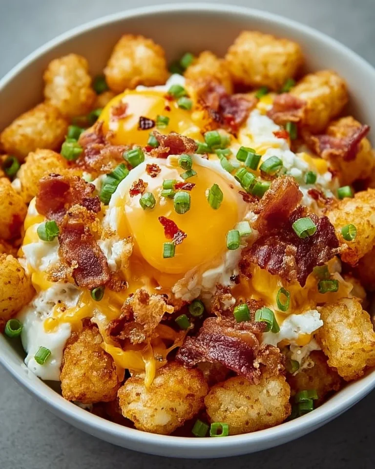 Delicious and hearty Tater Tot Breakfast Bowl with eggs and toppings