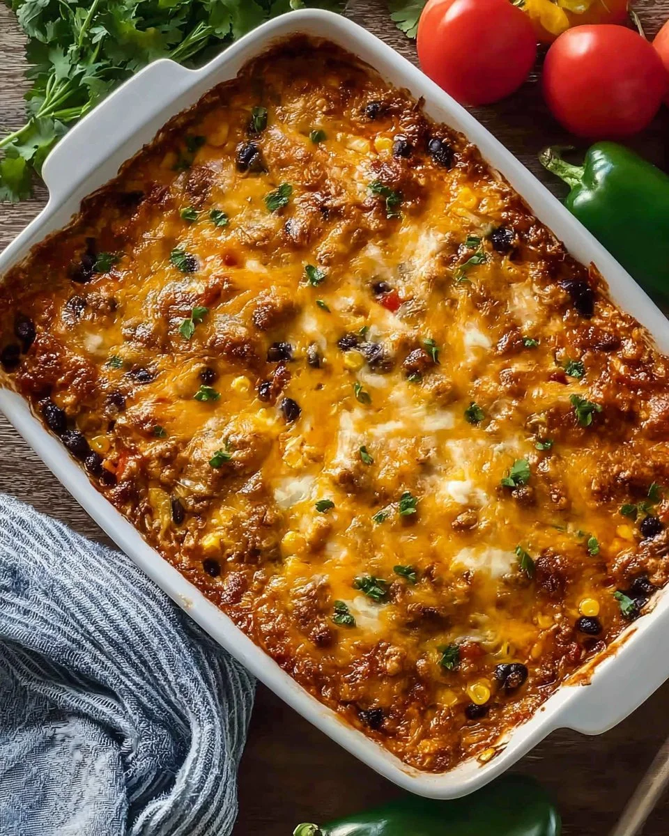 A delicious homemade ground turkey enchiladas casserole topped with cheese and cilantro.