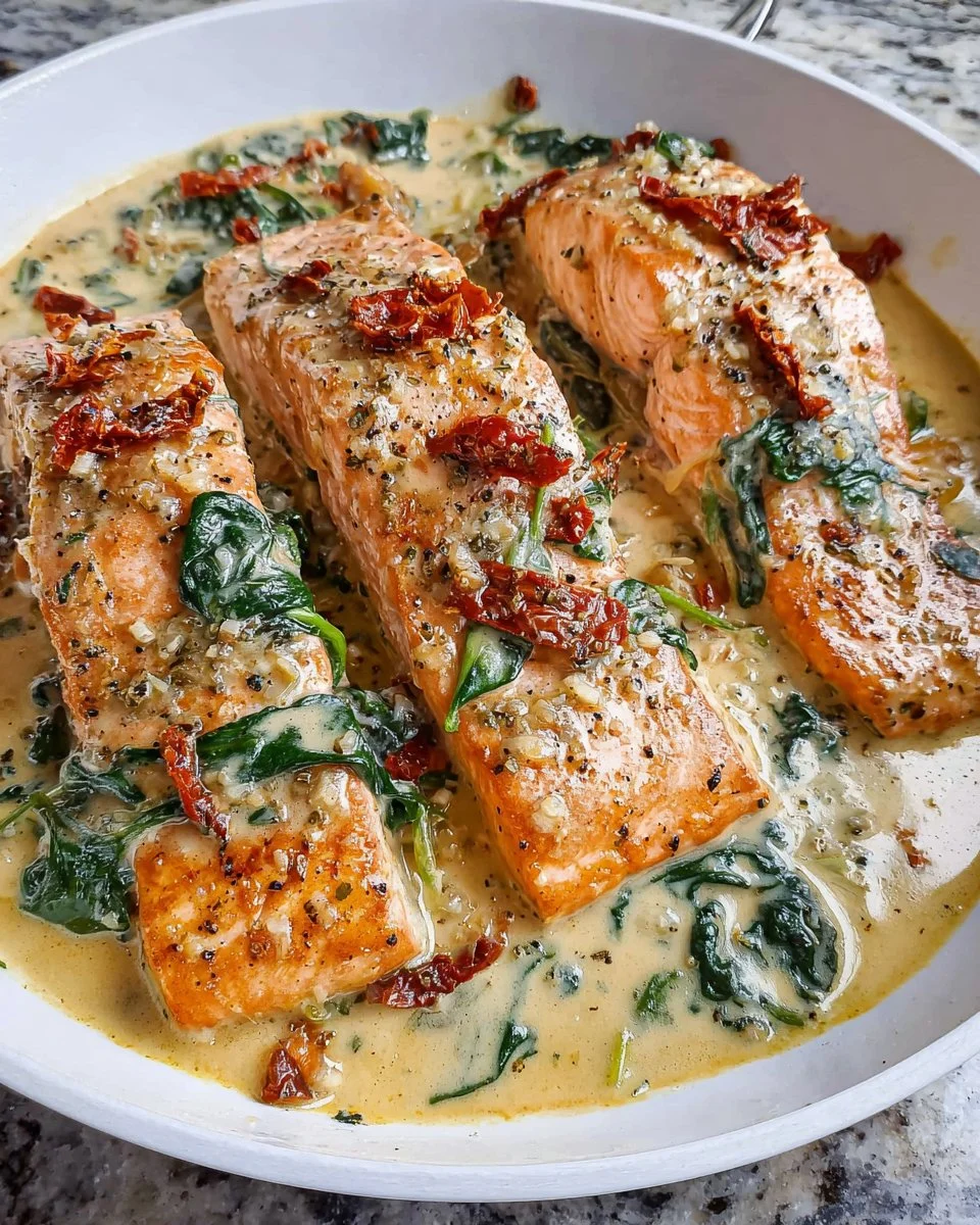 Plate of Creamy Tuscan Garlic Salmon garnished with spinach and sun-dried tomatoes