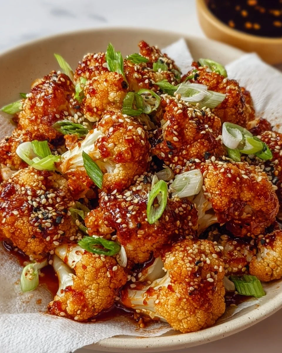 Delicious Korean Baked Cauliflower served on a plate garnished with sesame seeds.