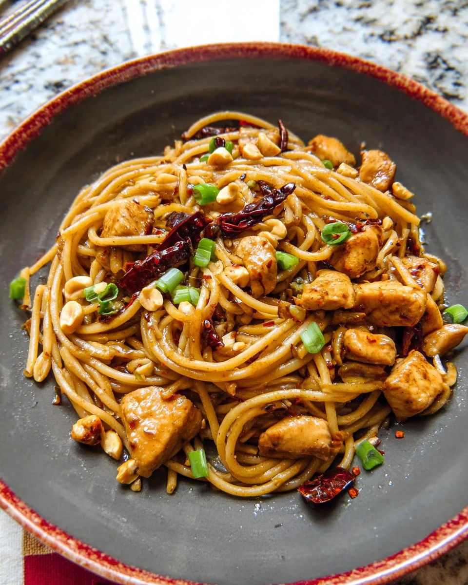 Delicious Kung Pao Chicken Noodles served in a bowl with fresh vegetables and peanuts