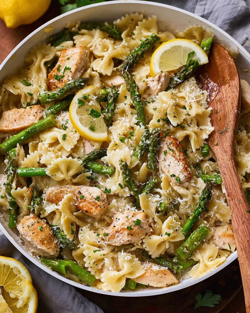 Lemon Garlic Chicken Asparagus Pasta dish on a plate with herbs