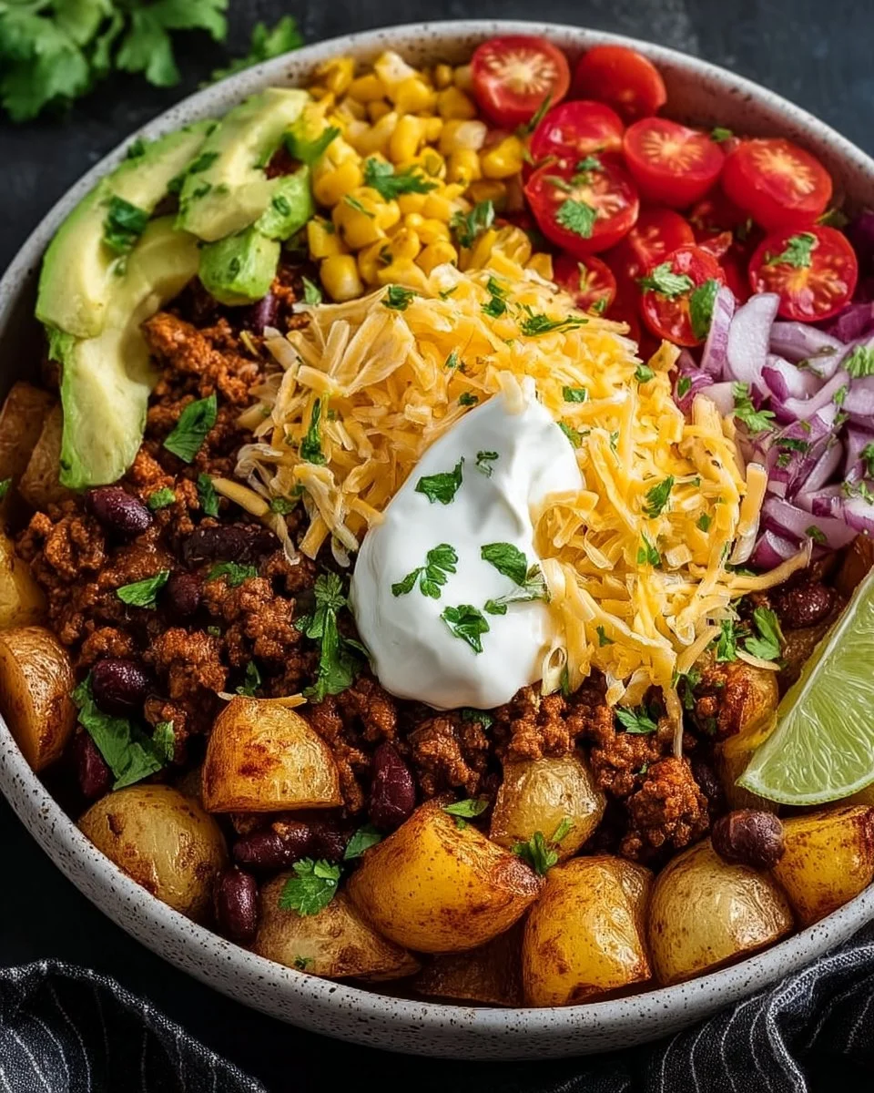 Delicious loaded potato taco bowl with toppings and spices