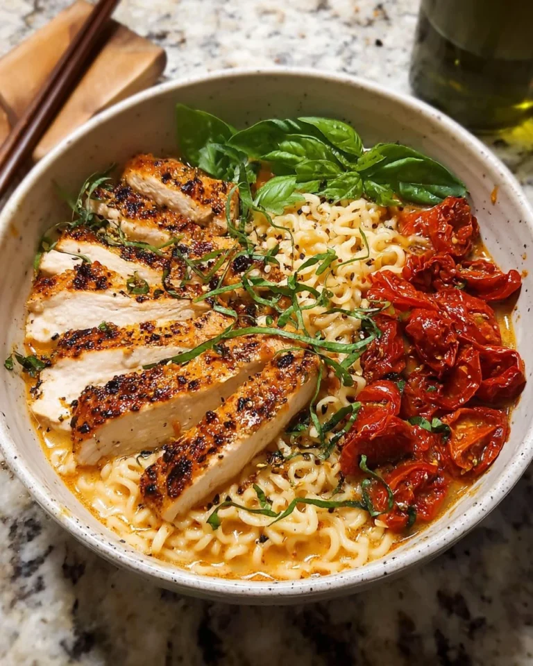 Bowl of Marry Me Chicken Ramen garnished with herbs and spices