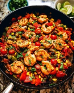 Colorful Mexican shrimp skillet with peppers and spices