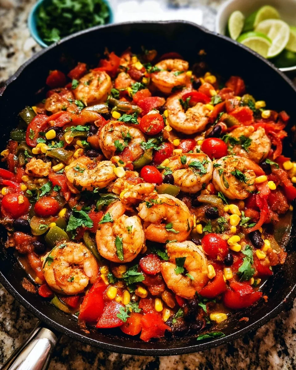 Colorful Mexican shrimp skillet with peppers and spices