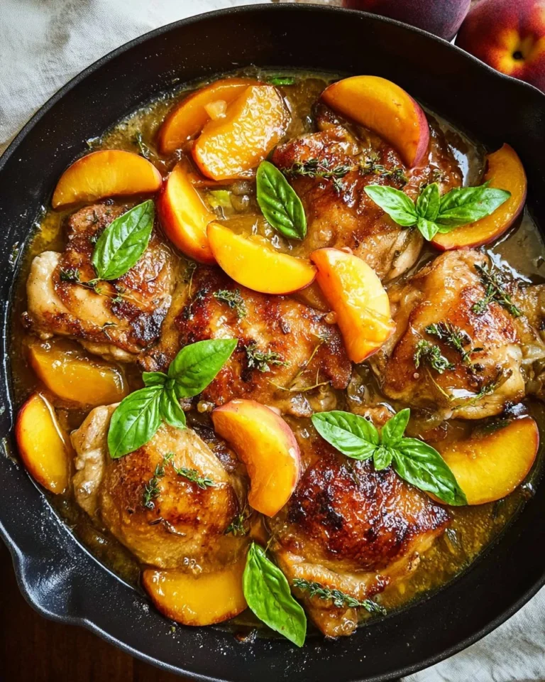One Pan Peach Chicken dish with peaches and chicken served beautifully.
