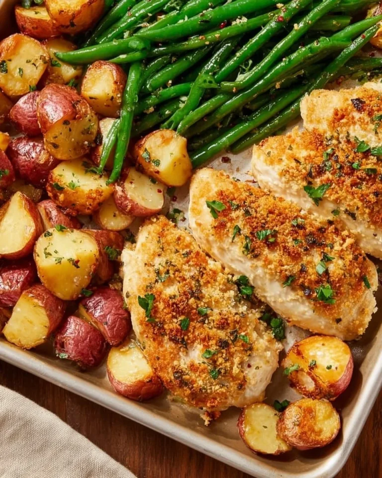 Delicious Parmesan Crusted Chicken on a sheet pan with vegetables